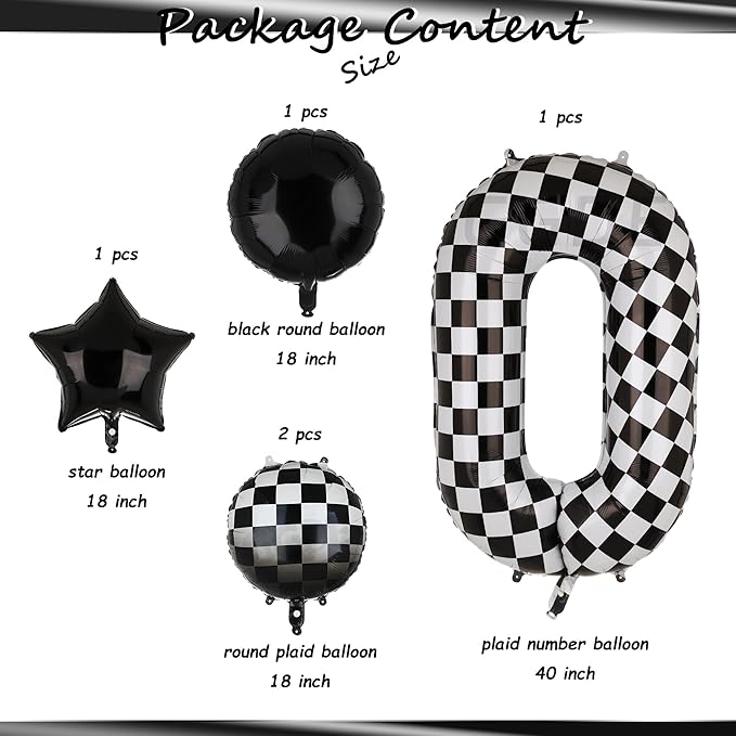 40 Inch Checkered Number Balloon 0 Black and White Race Car Birthday Balloons Baby Hippie Smile Party Shower Boys 10th Birthday Race Car Theme Party Decor Supplies 5 Pcs