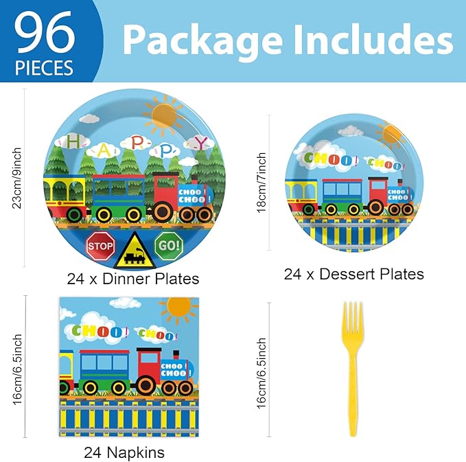 gisgfim 96 Pcs Train Plates and Napkins Party Supplies Train Birthday Party Tableware Set Train Theme Party Decorations Favors for Birthday Baby Shower Serves 24 Guests