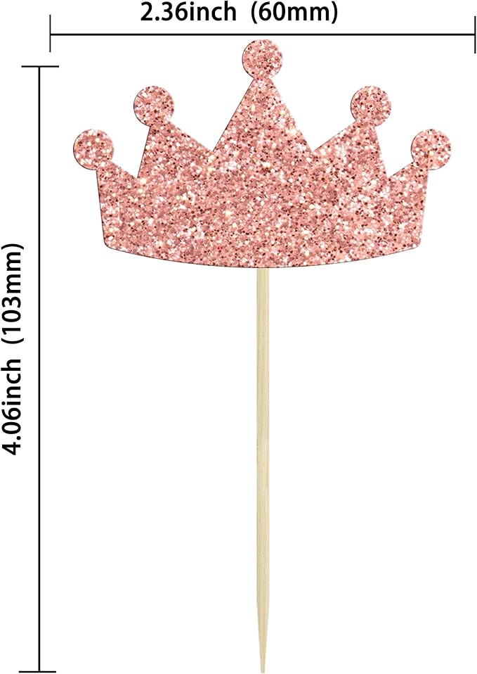Ephlyn 24Pcs Crown Cupcake Toppers Glitter Queen Crown Cupcake Picks for Queen Princess Theme Baby Shower Girls Wedding Birthday Party Cake Decorations Supplies Rose Gold