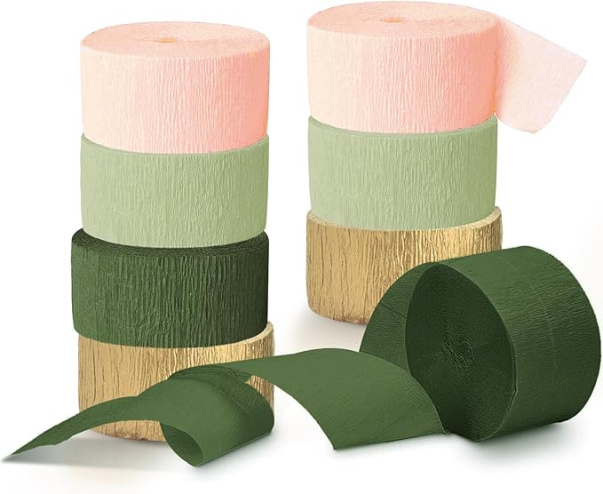 NICROHOME EUR Wedding Party Decorations, 8 Rolls Moss Sage Green Pink Crepe Paper Streamers for Boho Baby Shower, Wedding, Engagement Party, Spring Party, Birthday Party Supplies, 82 ft Long