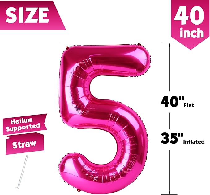 40 Inch Hot Pink Number 5 Balloon, Giant 5 Number Balloons for 5th Birthday Decorations, Party Supplies for Baby Boy Girl, Hot Pink Party Decor