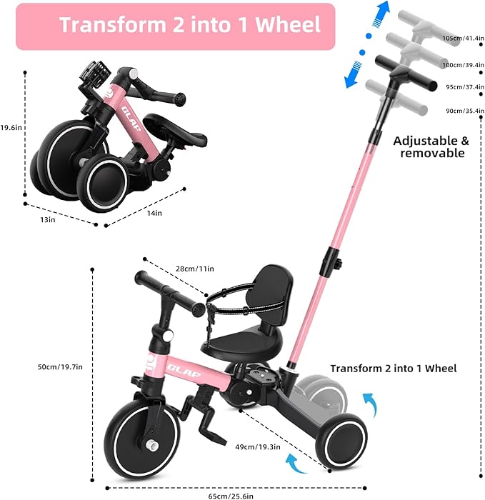 Glaf Tricycle for Toddlers 1-3 Toddler Bike with Push Handle 2-4 Years Baby Bike Toys for 2 Years Boys and Girls Balance Bike with Adjustable Seat Height and Backrest Birthday Gift (Pink