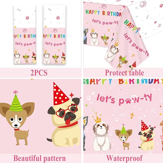 98pcs Dog Birthday Party Decorations Puppy Tableware Set Plates Napkins Pink Dog Theme Tablecloth for Girl Birthday Lets Pawty Party Supplies Kit Pet Dogs Table Cover Dinnerware Paw Print Theme Favors