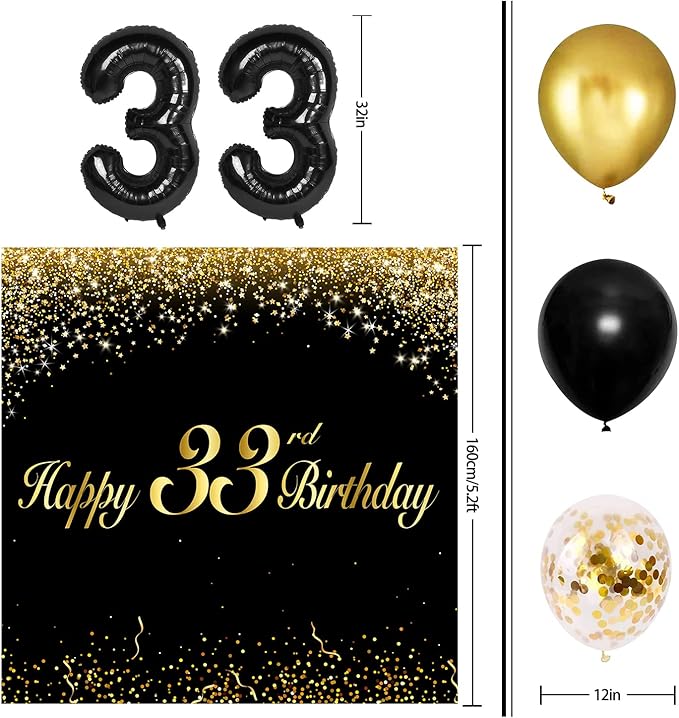 Happy 33nd Birthday Balloons Black Set Decor - Cheers to 33 Years Old Party Theme Garland Banner Backdrop Decorations For Women and Men Supplies