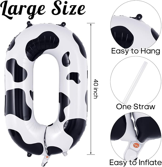Cow Print Number 0 Balloon, Large 40 Inch Cow Number Birthday Balloons, Foil Mylar Number 0 Balloons for Birthday Party Decorations Supplies Animal Farm Cowboy Cowgirl Themed Party