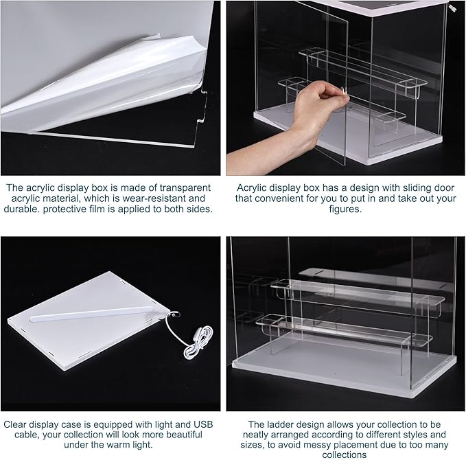 MECCANIXITY Clear Acrylic Display Case with LED Light 2 Tier Dustproof Showcase Assemble Cube Display Boxes Stand for Collectibles, Action Figures (12.6x7.09x10.43) Wood
