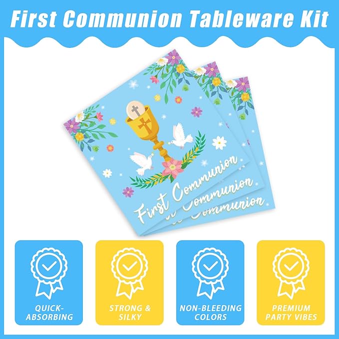 96 Pcs Blue Baptism Plates and Napkins, First Holy Communion Party Decorations Supplies for Boys God Bless Christening Celebration Party Baby Shower Disposable Paper Dinnerware, Serves 24