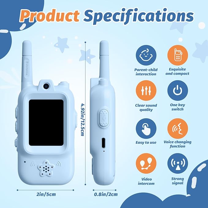 Walkie Talkies for Kids with Real-Time Video Chat, 2 Pack Rechargeable Two-Way Radios, Long Range & Voice Changer, Indoor Outdoor Adventure Toys for Boys Girls Age 3-12 (Cloud Blue & Sakura Pink)