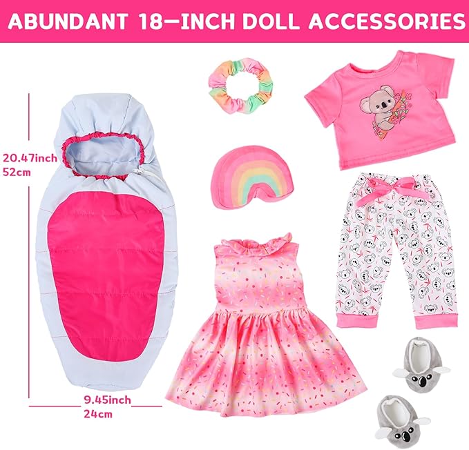 K.T. Fancy American Girl Doll Clothes for 18 Inch Dolls Accessories - Pink Outdoor Dress, Top, Pants, Shoes, Hairband, Rainbow Pillow, Outdoor Space Sleeping Bag (No Doll)
