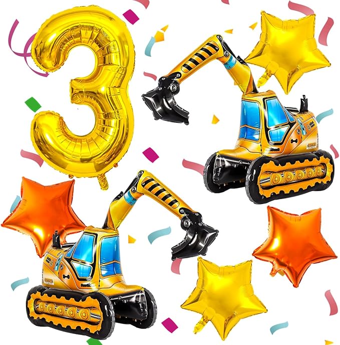 Construction Balloons, Self Standing 4D Excavator Balloon, Golden and Orange Star Balloon, Number 3 Foil Balloons for Kids 3rd Birthday Party Decorations Supplies.(3rd)