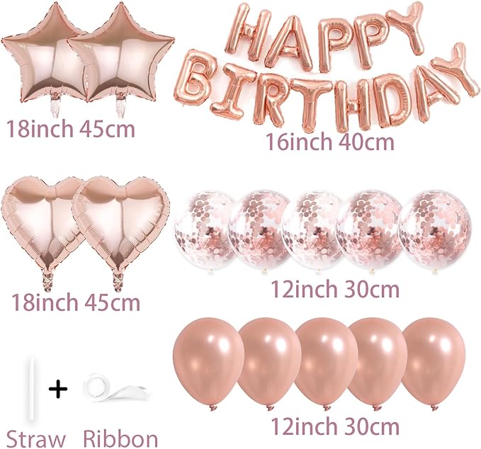 27 Pcs Rose Gold Birthday Decorations, 3D Foil Rose Gold Happy Birthday Balloon Banner, Pentagram Heart Foil Balloons Confetti Balloons Kit For Boys Girls Birthday Party Supplies