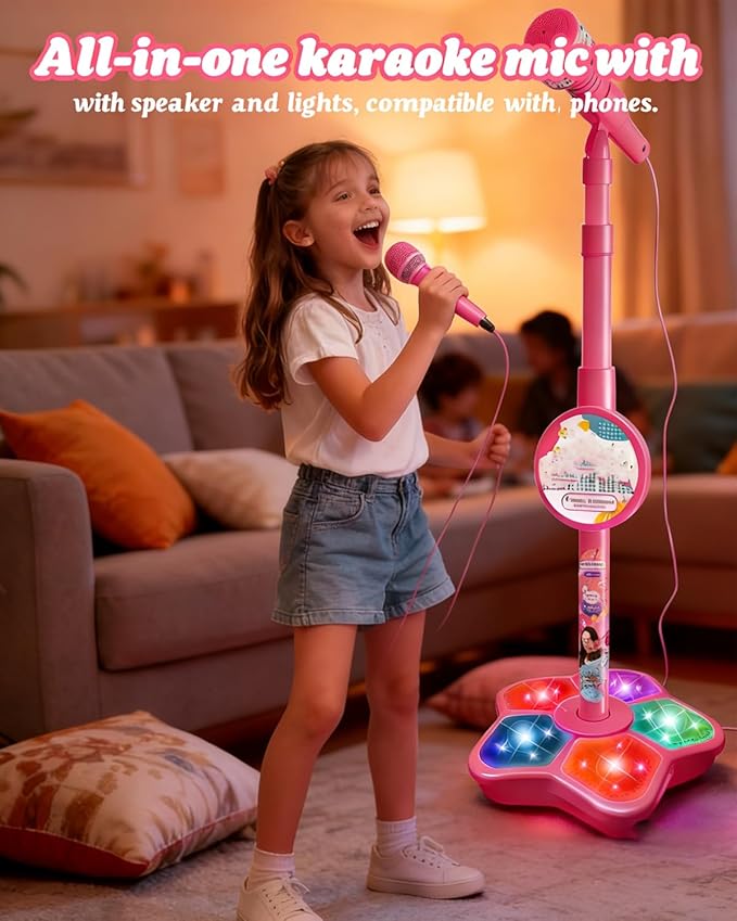 2026 New Kid Star Microphone, Kid Star Microphone with Stand, 5-in-1 Kids Stars Microphones with Adjustable Stand, Speakers and Lights, Compatible with Mobile Phones, for Festival (Pink)