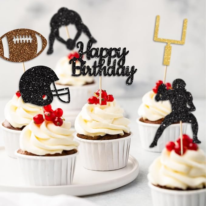 36PC Football Cupcake Toppers for Birthday,Glitter Football Cake Toppers for Boys Birthday Party Decorations Supplies