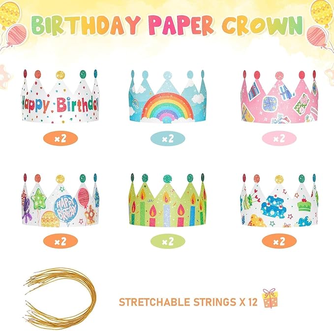 WERNNSAI Birthday Crowns -12PCS Birthday Party Hats with Elastic Band For Family Classroom Party Supplies Colorful Colorful Paper Party Hats