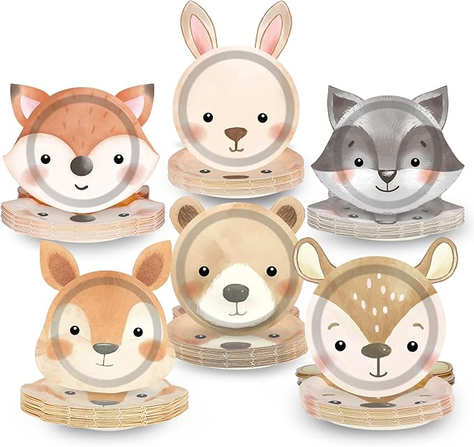 60 Count Woodland Party Paper Plates Animal Shaped Disposable Plates Woodland Creatures Tableware Forest Birthday Decorations for Birthday Baby Shower Animal Theme Party Favors