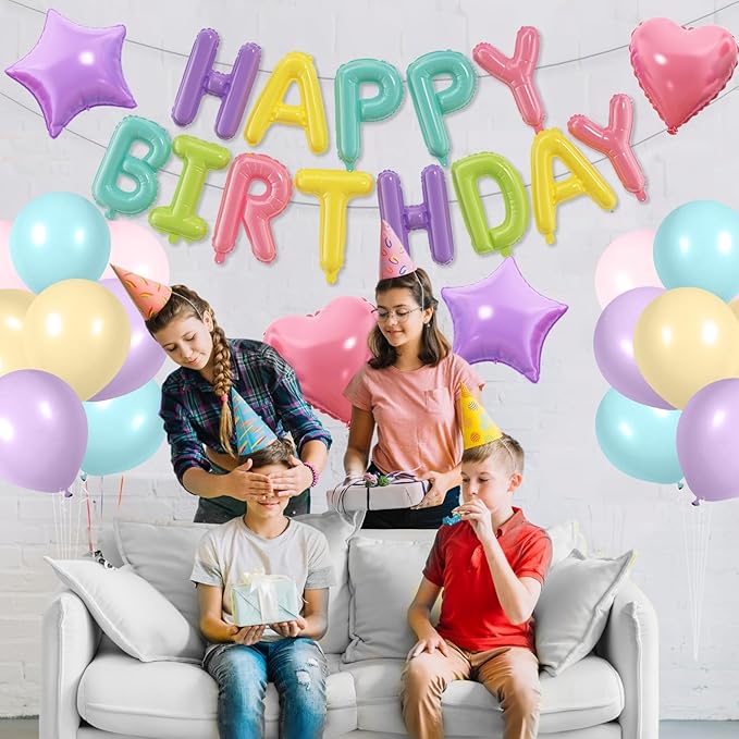 29PC Pastel Rainbow Happy Birthday Balloon Banner,16 Inch Foil Letters Letter Banner Sign, Macaron Colorful Latex Balloons 18 Inch Star Heart Foil Balloon for Women Girls Party Decor
