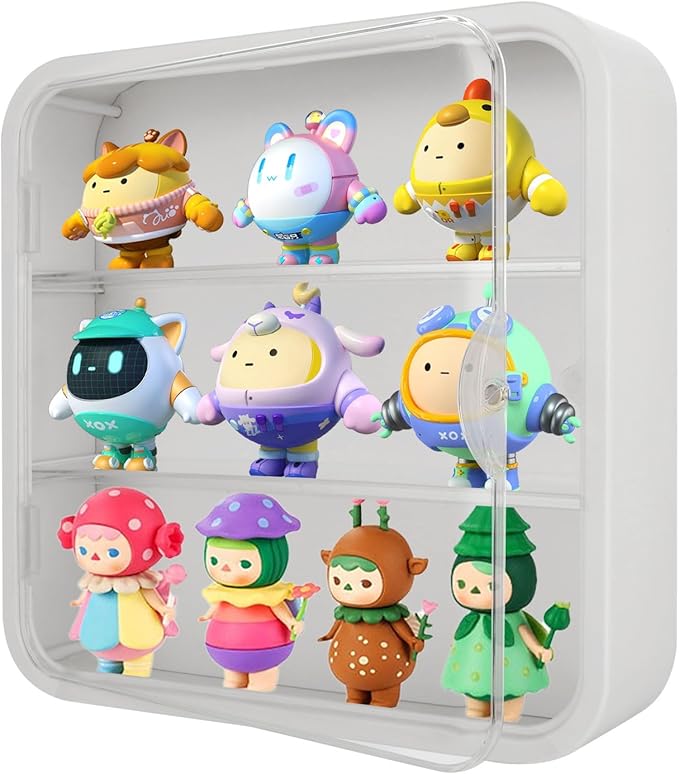 Clear Display Case for Figures, Collectibles Display Box with Shelves, 12 Inch Wall Mounted or Desktop Plastic Organizer, Miniature Acrylic Display Storage Case for Rock Stone Mini Figure, White