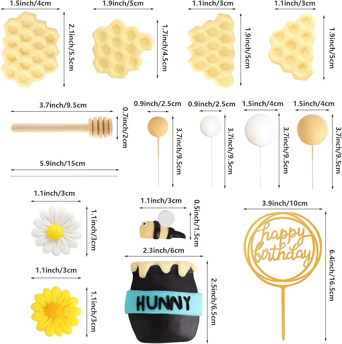 Hooqict 33 Pcs Bee Cake Decorations with Mini Honey Jar, Honeycomb, Honey Sticks, Bee Cake Toppers for Kids Boys Girls 1st 2nd 3rd Birthday Party Decorations Baby Shower