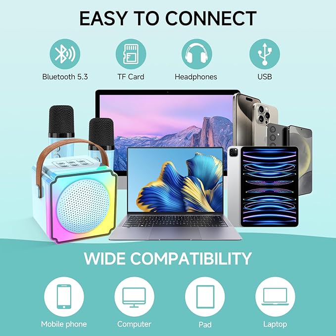 Mini Karaoke Machine for Kids and Adults,Portable Bluetooth Karaoke Speaker with 2 Wireless Microphones, Kids Karaoke Machine for Home Party,Birthday Gifts for Girls Boys（Blue）