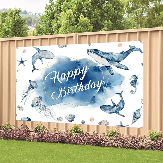 Blue Ocean Happy Birthday Backdrop Decorations Marine Animals Happy Birthday Banner Blue Ocean Photo Background for Home Indoor Outdoor Birthday Party Decorations Supplies 70.8 x 47.2 Inch