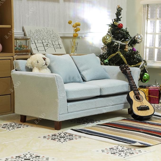 iLAND Dollhouse Couch, Modern Dollhouse Furniture on 1/12 Scale, Miniature Sofa for Dollhouse Living Room (Light Sky Blue Velvet)