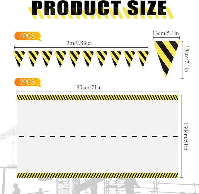 6 Pcs Construction Tablecloth Banner Birthday Party Supplies Decorations 4 Banners 2 Table Cloths Workplace Safety Decor Dump Truck Excavator Party Favors(White,Stripe)
