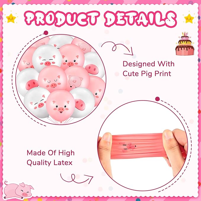 50 Pcs Pig Farm Animal Balloons 12 Inch Pig Print Latex Piggy Pink Birthday Party Decorations Cute Kids Balloons for Farmhouse Pink Farm Themed Birthday Baby Shower Party Supplies
