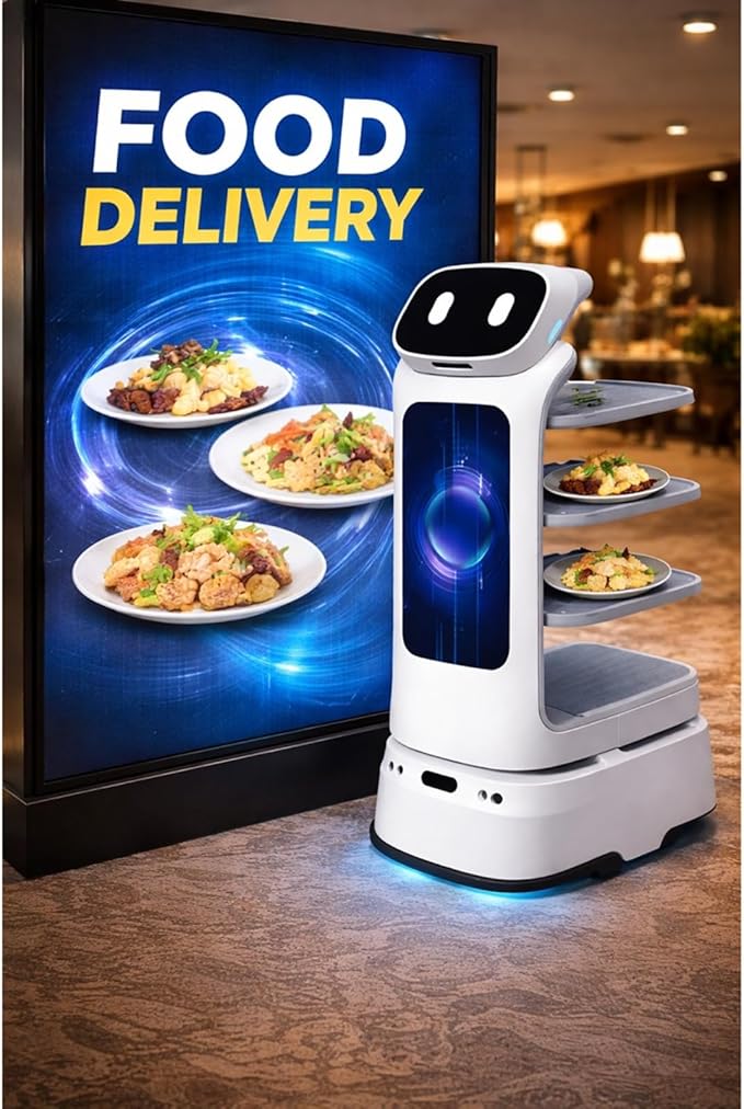Autonomous Commercial Robot for Food Delivery in Restaurants & Cafes, Multi-Tray Smart Delivery Robot with Navigation & Obstacle Avoidance Technology for Efficient Service Operations