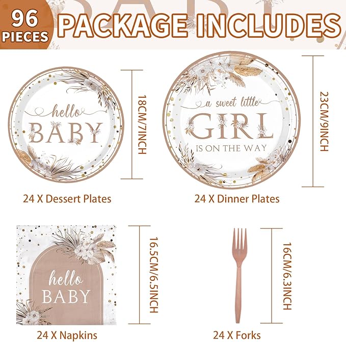 96pcs Boho Baby Shower Party Decorations Boho Hello Baby Girl Pink Floral Plates and Napkins A Sweet Little Girl is on The Way Decorations for Girls Spring Flowers Bohemain Birthday Supplies Serves 24