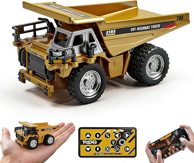 1:64 Mini RC Dump Truck Toy, Alloy Metal Construction Vehicle with App & Remote Dual Control, Variable Speed, LED Lights & Sound, RC Engineering Car Gift for Kids & Adults