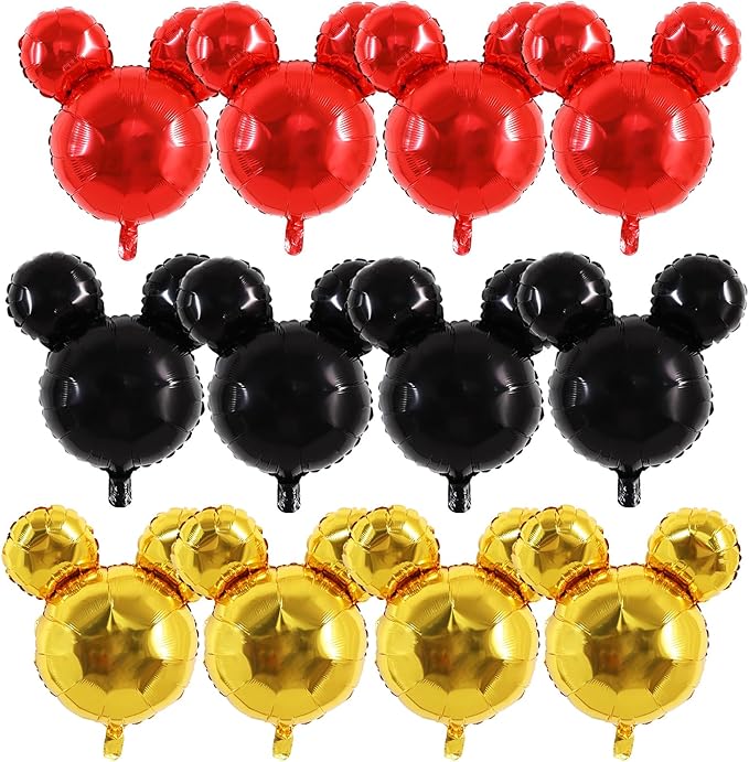 Vuzvuv 12pcs 24 Inches Mouse Head Foil Balloons, Black Red Gold Mouse Shaped Balloon for Birthday Party, Baby Shower,Theme Party Decoration,Graduation Party Supplies