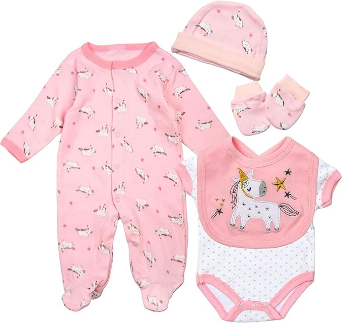 Reborn Baby Doll Clothes 18 Inch Girl 5Pcs Pink 17-22 Inch Baby Doll Clothes Bodysuits + Hat and Bib Reborn Doll Outfits Baby Dolls Accessories