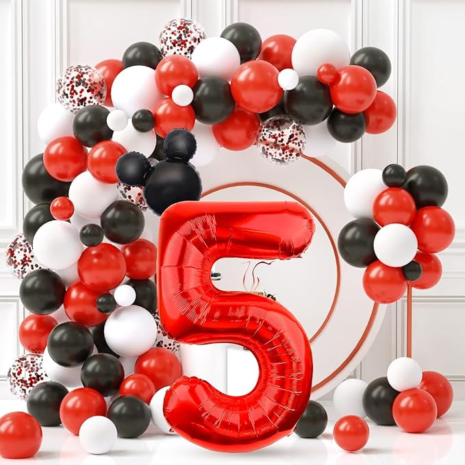 40 Inch Mouse Number 5 Balloon Mini Mouse Head Balloon, Black Red Number 5 Balloon, Mouse Clubhouse Birthday Balloon for 5th Birthday Party Baby Shower Anniversary Supplies