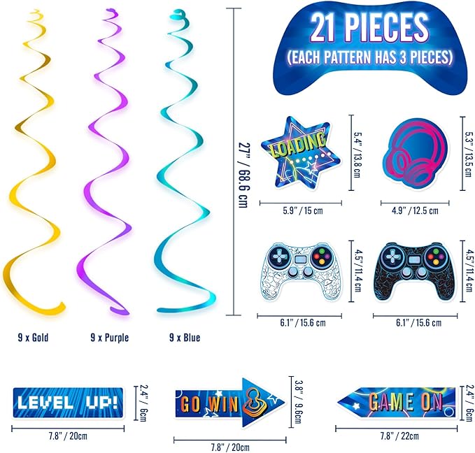 WERNNSAI Video Game Hanging Swirls - 21 PCS Video Game Party Decorations for Kids Boys Gamer Birthday Party Ceiling Window Door Decors Hanging Whirls Streamers for Gaming Night Party Supplies