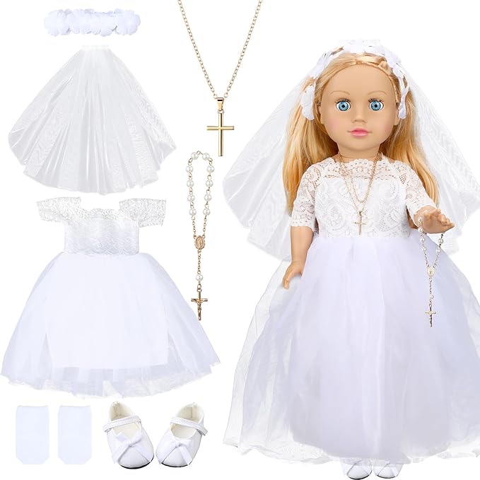 7 Pcs 18 Inches American Doll Clothes Outfit First Communion Dress with Matching Headband Veil Bracelet Shoes Socks Necklaces Fit 18 Inches Dolls, Doll Not Included(Floral Headband)