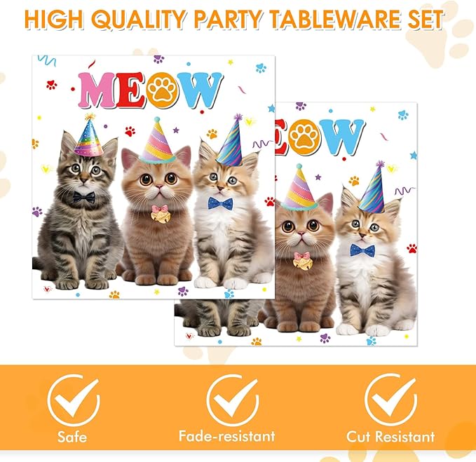 96 PCS Cat Birthday Decorations Kitten Party Disposable Tableware with Party Paper Plates and Cat Napkins Dinnerware Kit for Cats Themed Birthday Parties Supplies Serves 48 Guests