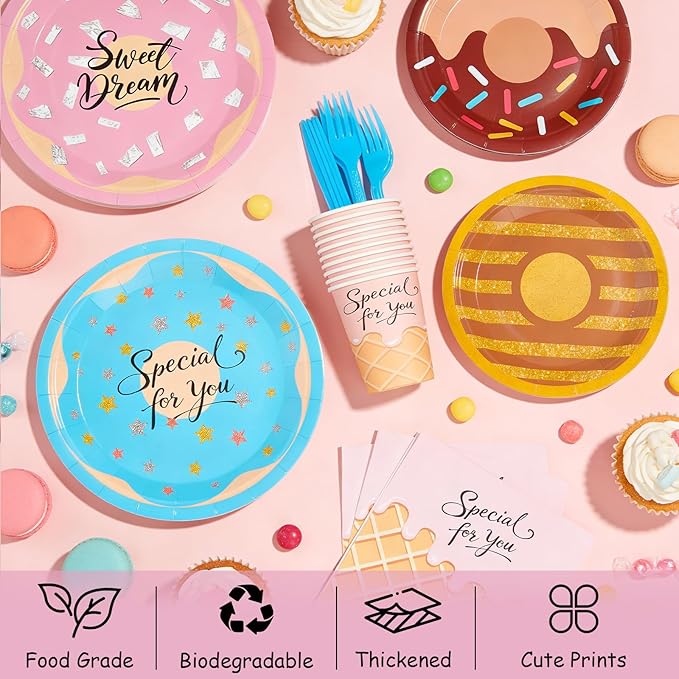 144Pcs Donut Sweet Birthday Party Supplies Decorations Girl Birthday Themed Paper Plates Napkins Vintage Party Tableware Disposable Dinnerware for Girl Kid Baby Shower Table Decor, Serve 24