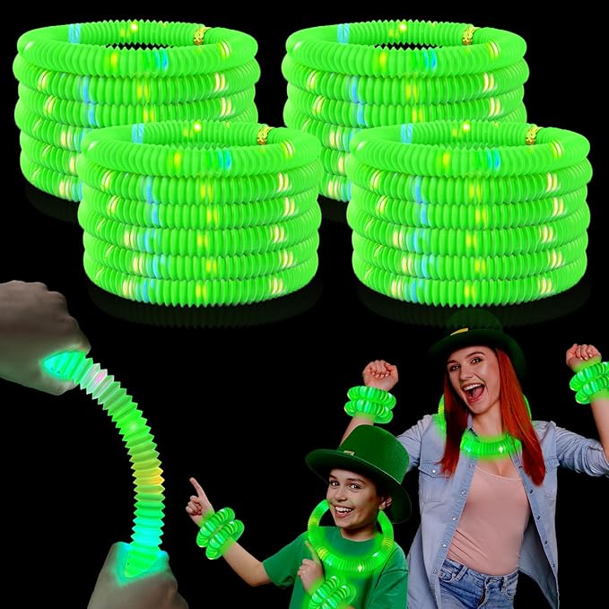 St Patricks Day Green Glow Sticks Party Favors Supplies for Kids 24PCS,Saint Patricks Light up Accessories Decorations Bracelets,Bulk Parade Throws St Patty's Non Candy Goodie Bag Stuffers Toys Gifts