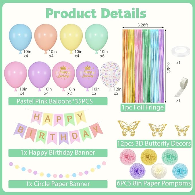 Pastel Birthday Decorations for Women Girls, Rainbow Colorful Printed Confetti Balloons Butterfly Stickers Fringe Curtain Happy Birthday Banner Circle Dots Garland Paper Pompoms Spring Party Supplies