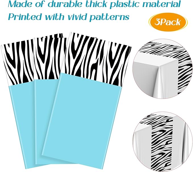 Buryeah 3 Pcs Zebra Tablecloth Zebra Print Plastic Table Cloth Disposable Tablecloth Animal Safari Table Cover 54 x 108'' for Baby Shower Wedding Birthday Party Decorations Supplies (Blue)