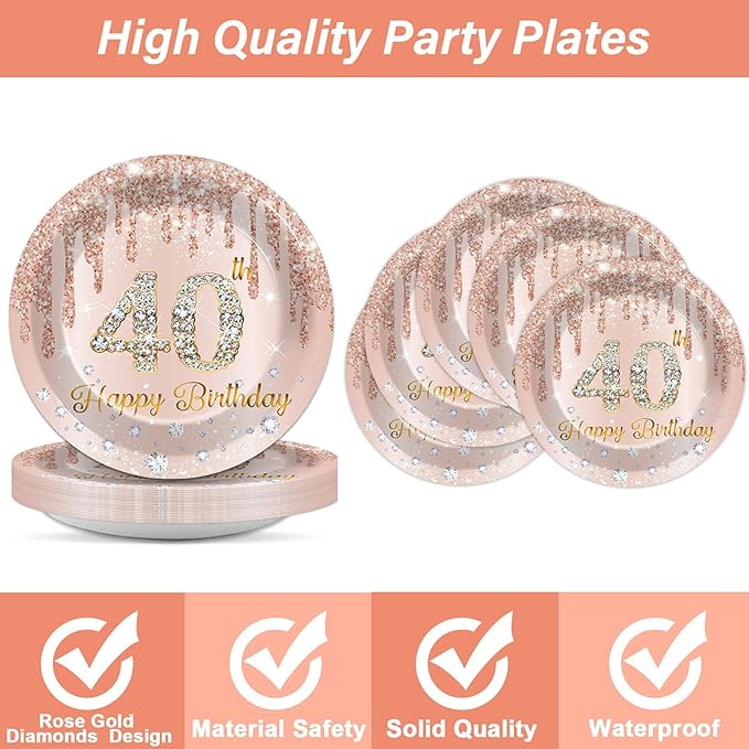 96PCS Rose Gold 40th Birthday Party Paper Plates and Napkins Forty Years Old Table Decorations 40th Birthday Disposable Dessert Tableware Set Serves 24 Guests Girl Ladies Women Party Supplies Favors
