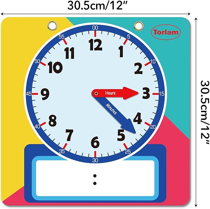 Magnetic Writable Dry Erase Learning Clock | Clock for Kids Learning to Tell Time | Large 12" Demonstration Teaching Time Practice Clock with Dry Erase Writing Surface | Pen Included | (Rainbow)