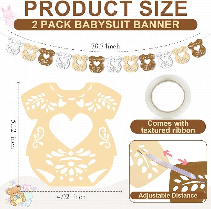 2 Pack Cielito Lindo Papel Picado Baby Shower Banner Decoration, Mexican 24 Pcs Bodysuit Card with Hanging String Fiesta Garland for Gender Baby Shower Party Supplies(Rustic Color)