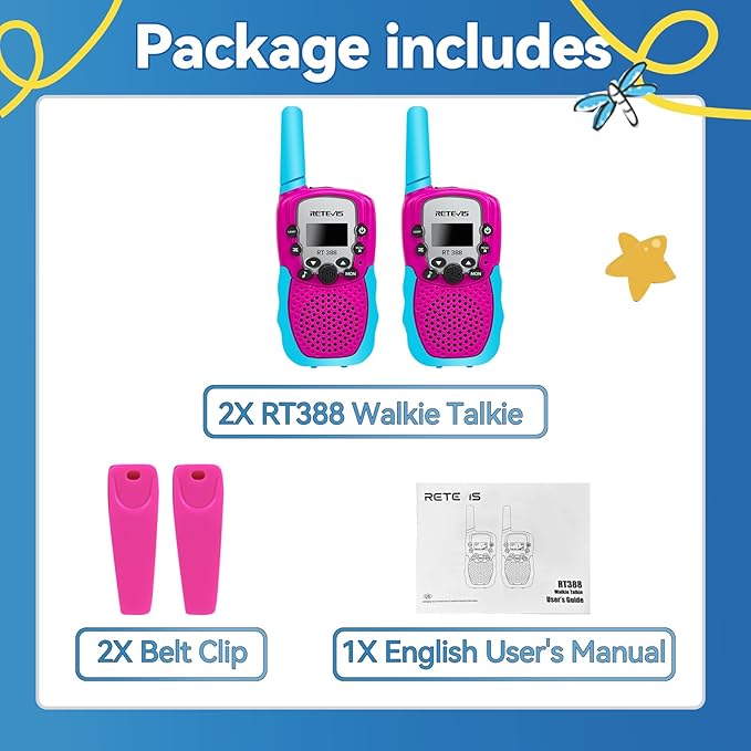 Retevis RT388 Kids Walkie Talkies 2 Pack, 2 Way Radio 22 CH Toy Walkie Talkie, Clear Sound Flashlight VOX, Toys Gifts for 6-12 Year Old Boys Girls Camping Outdoor Games(Blue Pink 1 Pair)