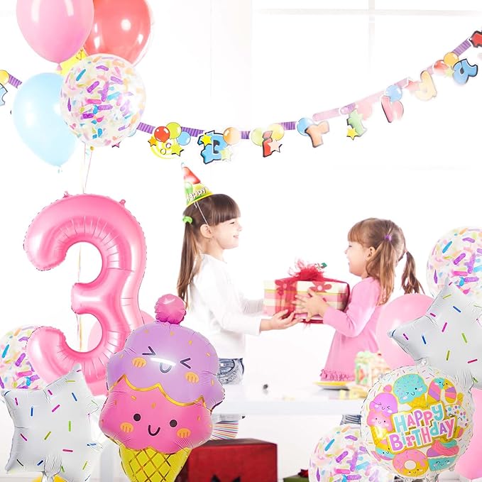 Pink Ice Cream Balloons, 3 Balloon Number, 3rd Birthday Decorations for Girls, Ice Cream Balloon for Girls Birthday Party Decoration (3)