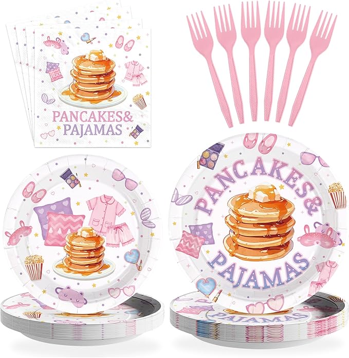 96Pcs Pancakes and Pajamas Party Supplies Pajama Brunch Plates and Napkins Girls Pink Night Sleepover Tableware Set for Girls Night Pancake Themed Slumber Party Decorations Serves 24