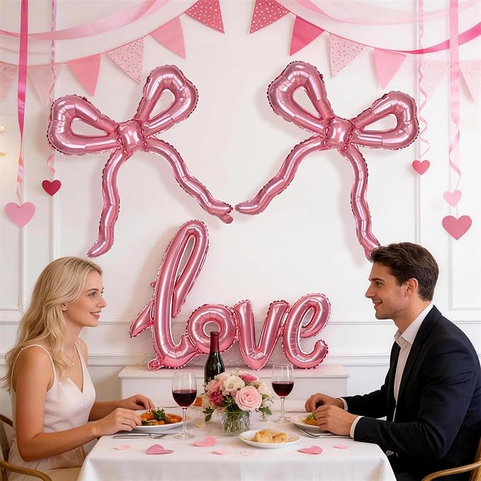 Pink Love Bow Balloons Set, 42 Inch Giant Foil Love Letter Balloon 22 Inch Bow Mylar Balloons for Girls Women Pink Coquette Birthday Bridal Shower Bachelorette Wedding Engagement Valentines Decoration