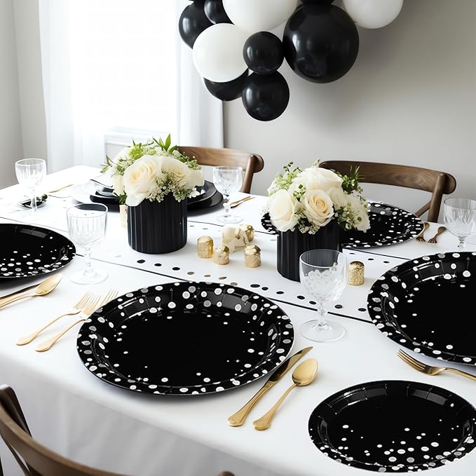 Grencian 96Pcs Black and Silver Party Decorations White Silver Dot on Black Paper Plates Disposable Birthday Paper Tableware Set for Birthday Retirement Wedding Party Supplies, Serve 24