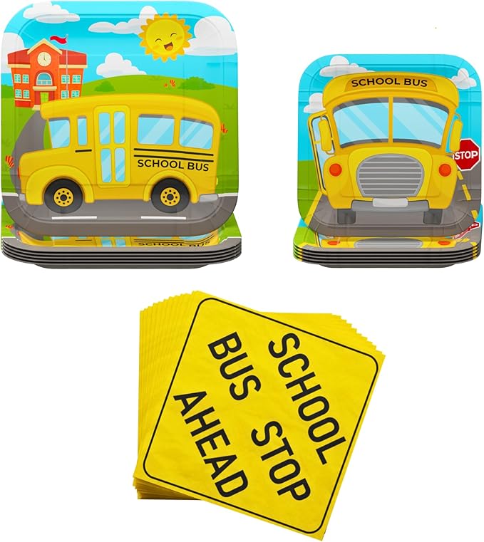 Blue Orchards School Bus Party Plates and Napkins (52 pieces for 16 Guests) - School Bus Party Supplies, School Bus Birthday Plates and Napkins, School Graduation Decorations