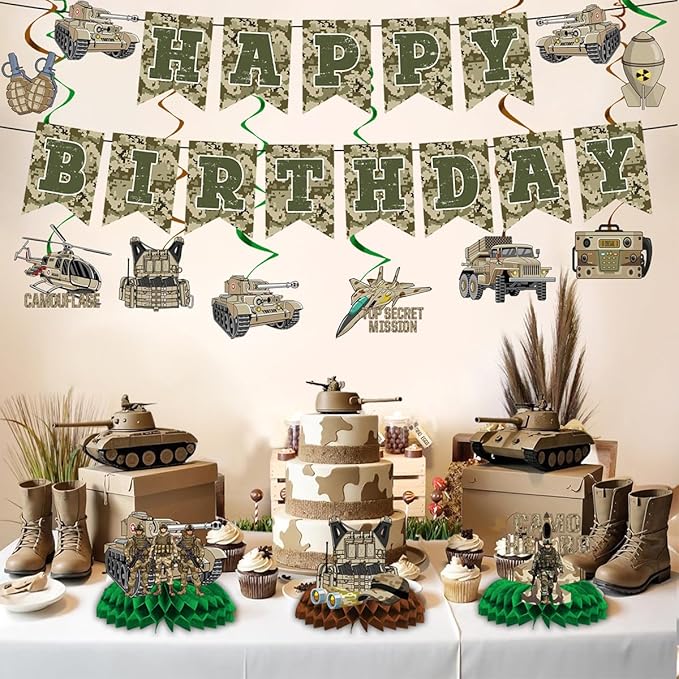 Army Birthday Party Decorations Include Camo Happy Birthday Banners Hanging Swirls Honeycomb Centerpieces Military Birthday Theme Party Supplies